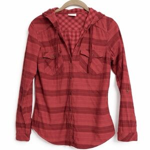 Columbia Red Striped Checked 100% Cotton Hooded Blouse Adjustable Sleeve Size S